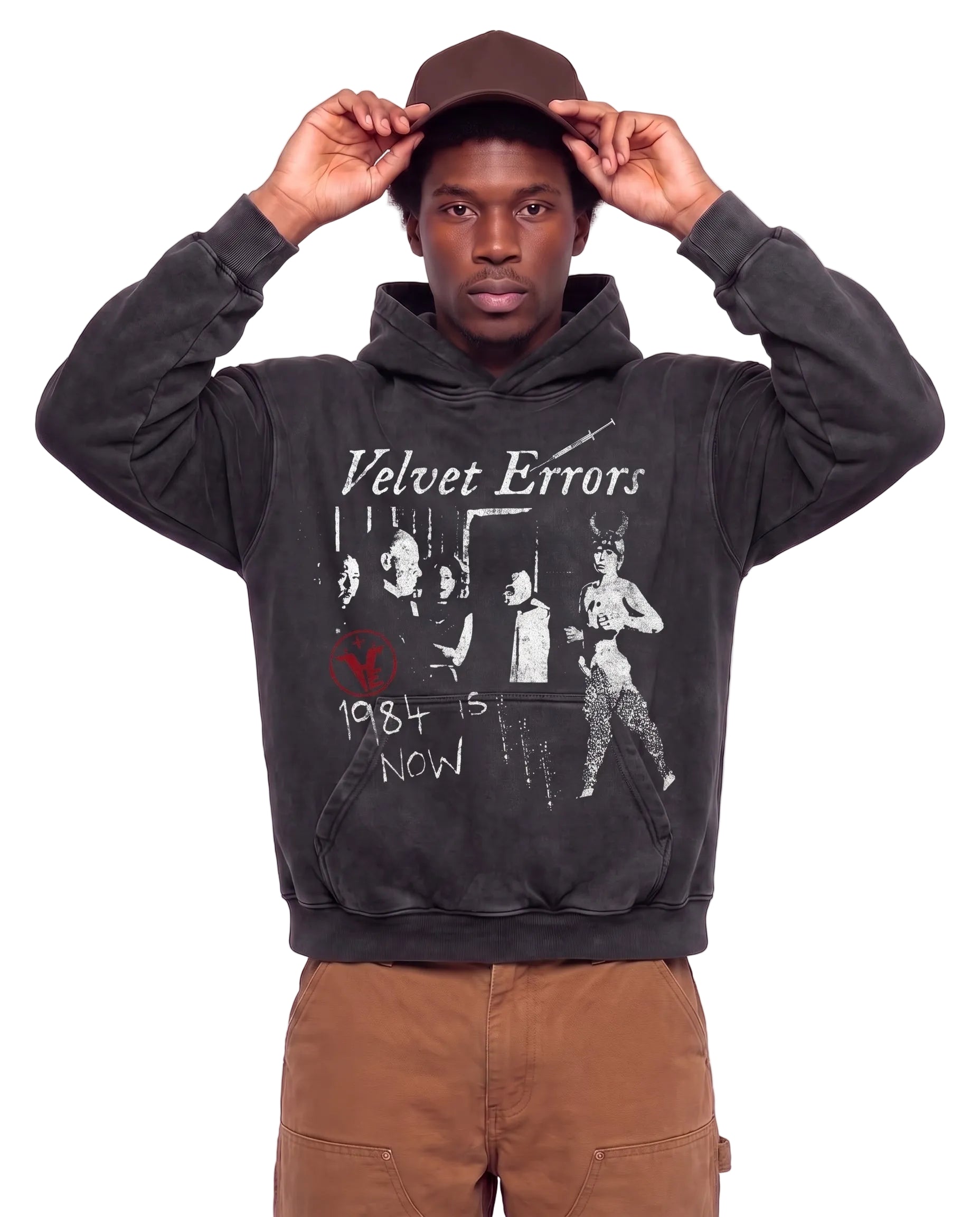 Black 1984 Hoodie by Velvet Errors displayed on a model, featuring a casual fit and minimalist design.