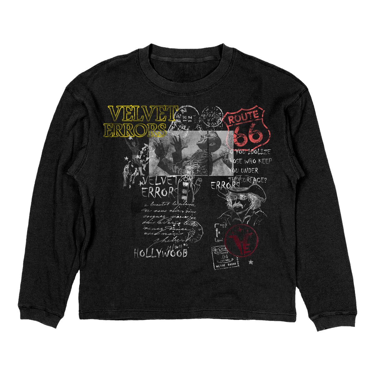 Velvet Errors Route 66 mockup featuring a black thermal fabric with bold white Route 66 graphic design.