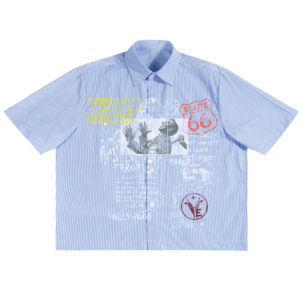 Blue Route 66 button-up shirt by Velvet Errors, featuring classic collar and front buttons, displayed on a plain background.