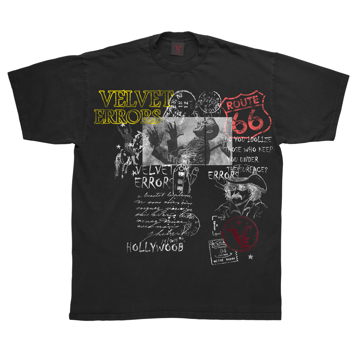 Black Route 66 graphic T-shirt by Velvet Errors featuring vintage-inspired Route 66 mock design on soft fabric.
