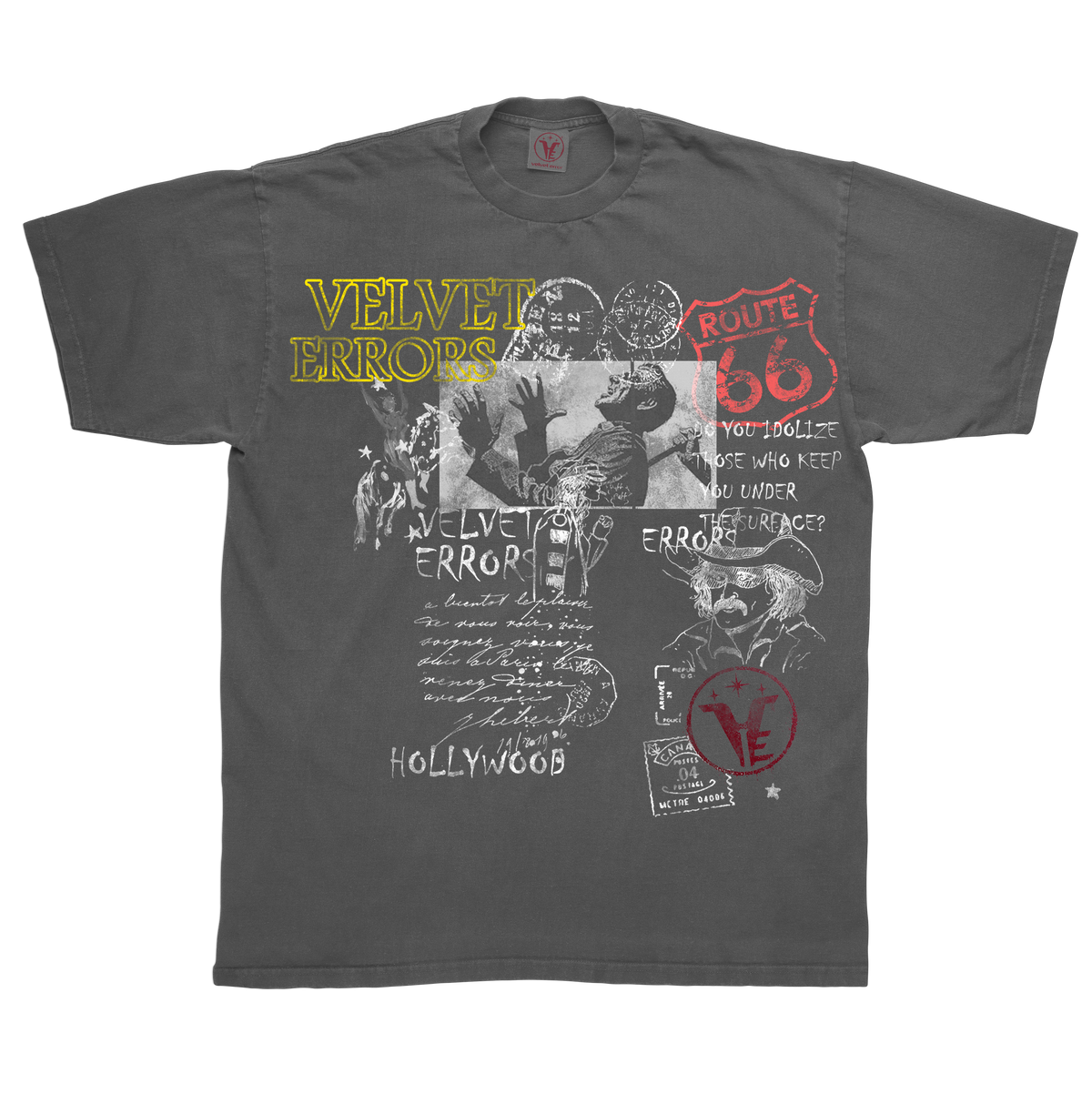 Gray Route 66 T-shirt by Velvet Errors featuring a classic design and the iconic Route 66 logo on the front.