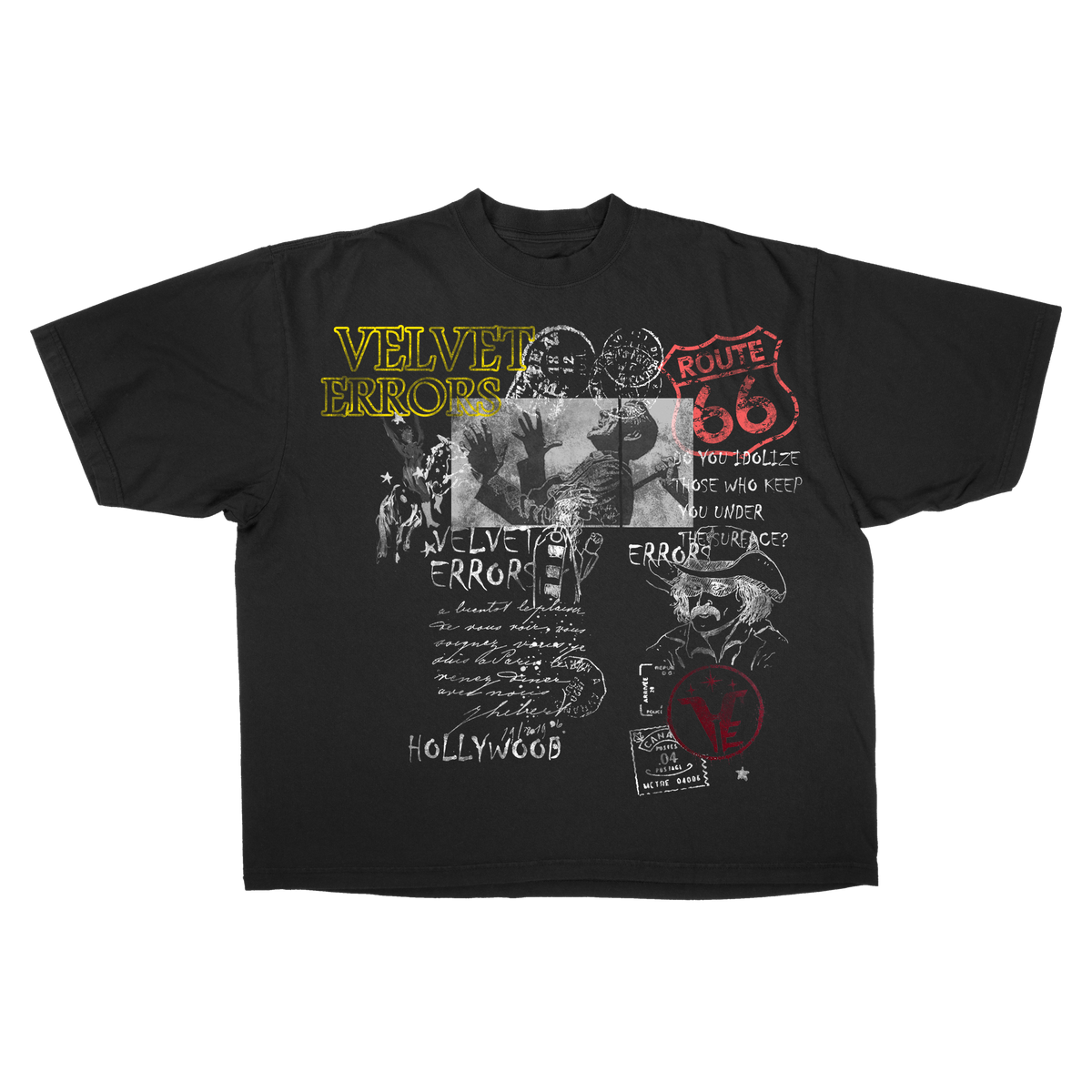Black Route 66 graphic t-shirt by Velvet Errors featuring the iconic Route 66 logo and design on soft cotton fabric.