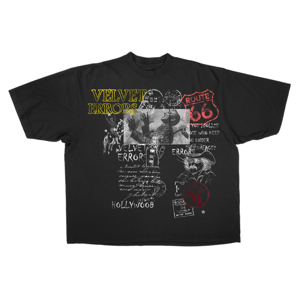 Black Route 66 graphic t-shirt by Velvet Errors featuring the iconic Route 66 logo and design on soft cotton fabric.