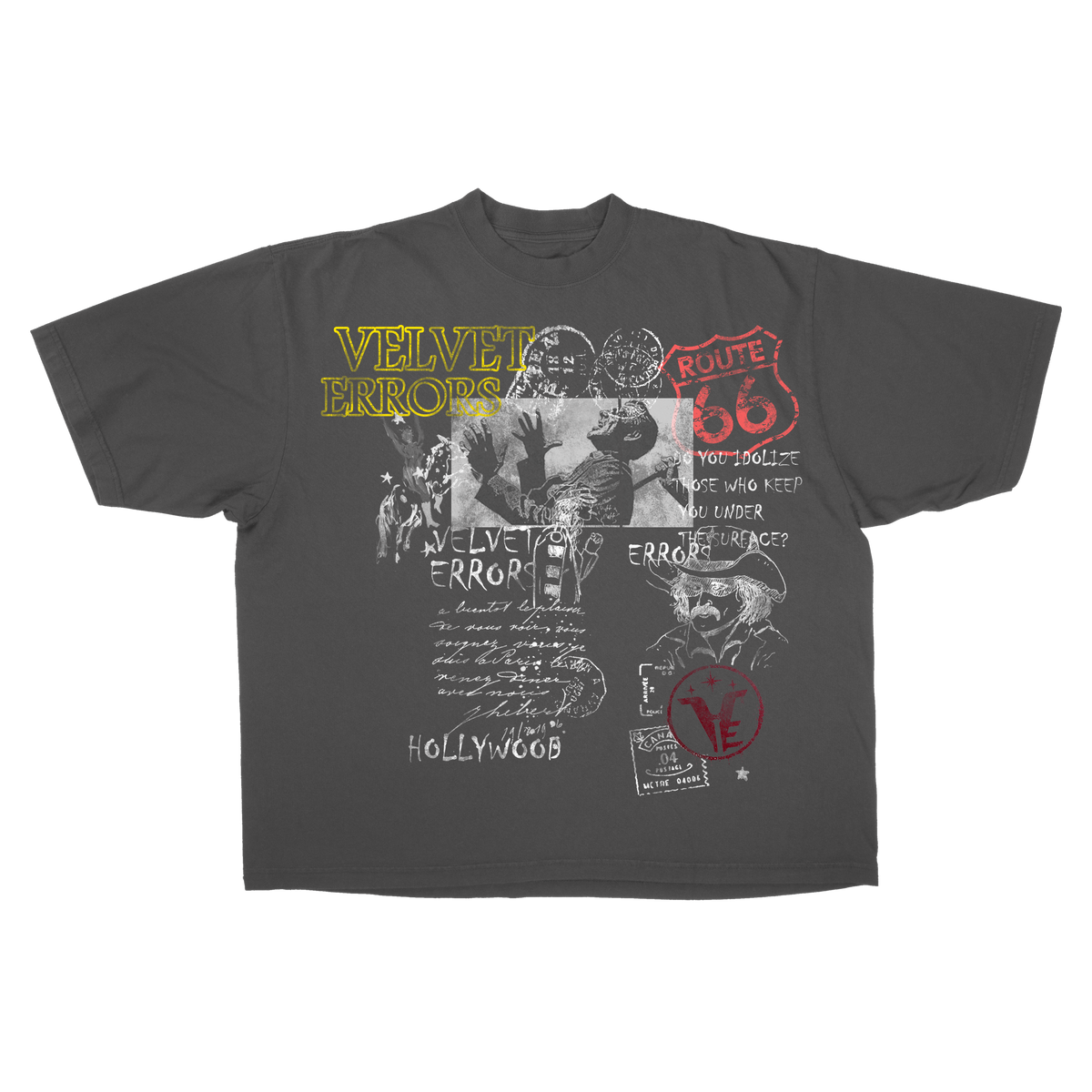 Gray Route 66 graphic t-shirt by Velvet Errors featuring a vintage-inspired Route 66 design on soft fabric.