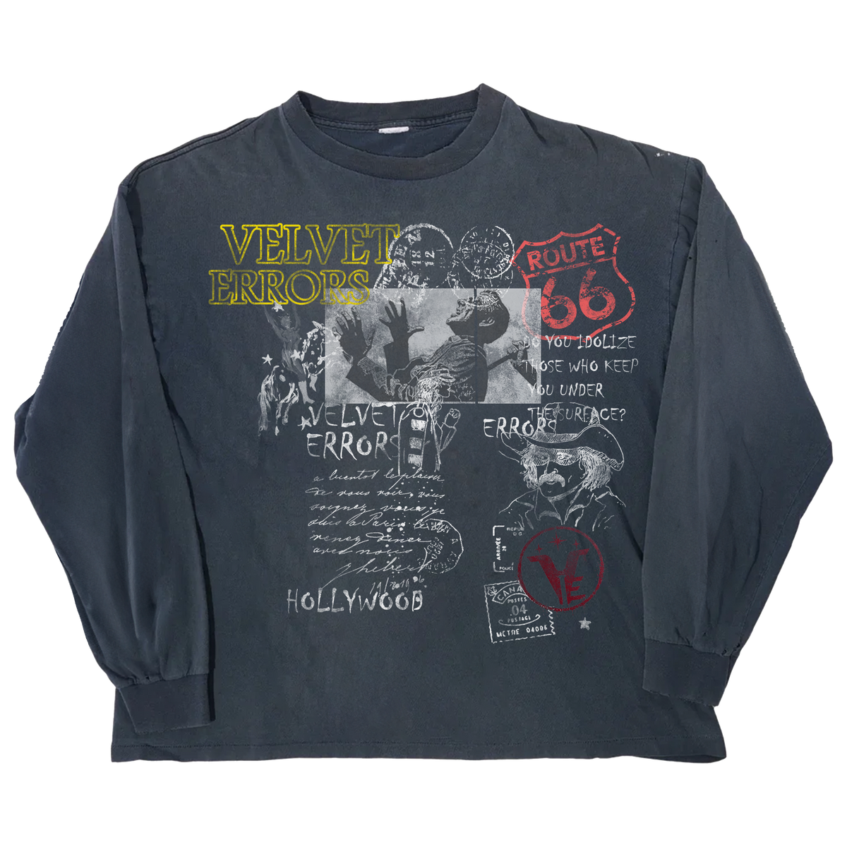 Blue Route 66 graphic long sleeve shirt by Velvet Errors featuring vintage-inspired Route 66 design on soft fabric.