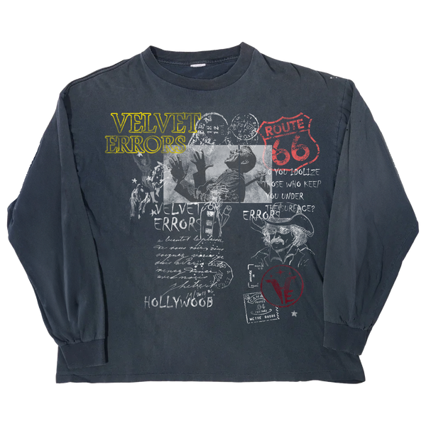 Blue Route 66 graphic long sleeve shirt by Velvet Errors featuring vintage-inspired Route 66 design on soft fabric.