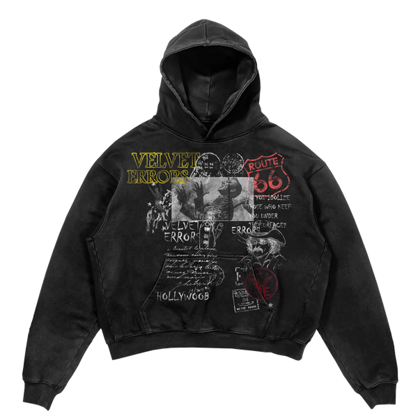 Black Route 66 hoodie from Velvet Errors featuring the iconic Route 66 logo on the front.