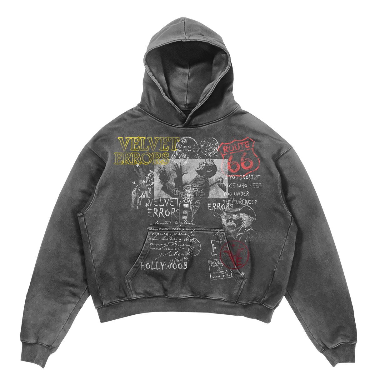 Gray Route 66 hoodie from Velvet Errors featuring a stylish Route 66 mock design on the front.