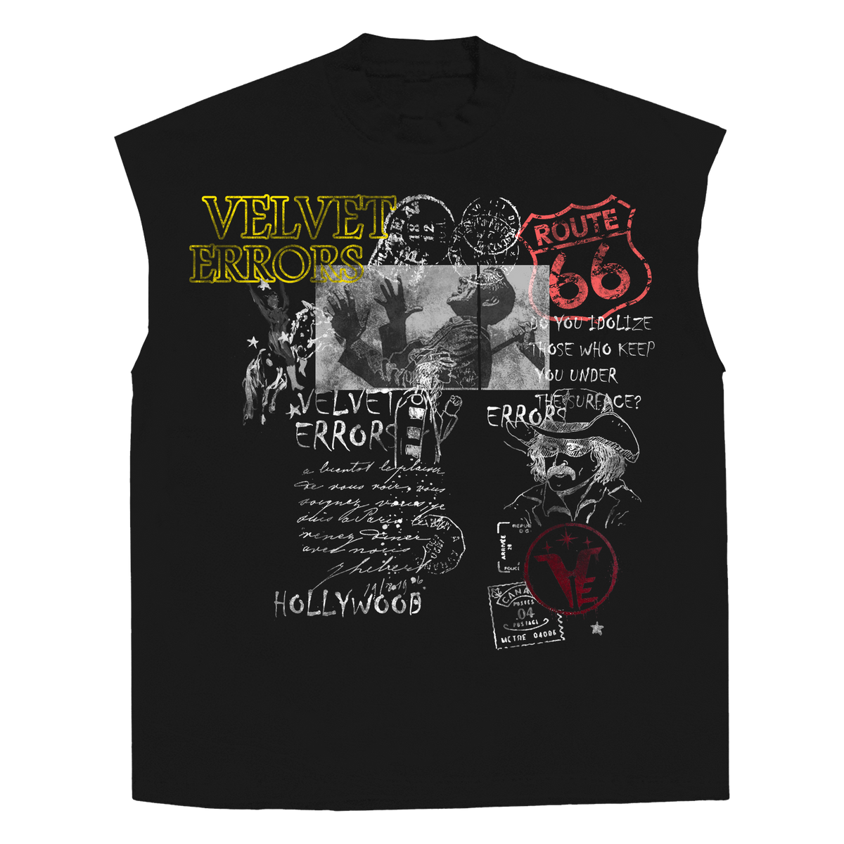 Black sleeveless Route 66 t-shirt by Velvet Errors with bold graphic design featuring the iconic Route 66 logo.