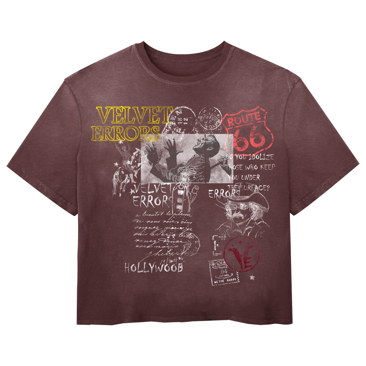 Red Route 66 vintage tee by Velvet Errors featuring a classic Route 66 mock design on soft cotton fabric.