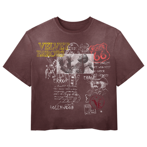 Red Route 66 vintage tee by Velvet Errors featuring a classic Route 66 mock design on soft cotton fabric.