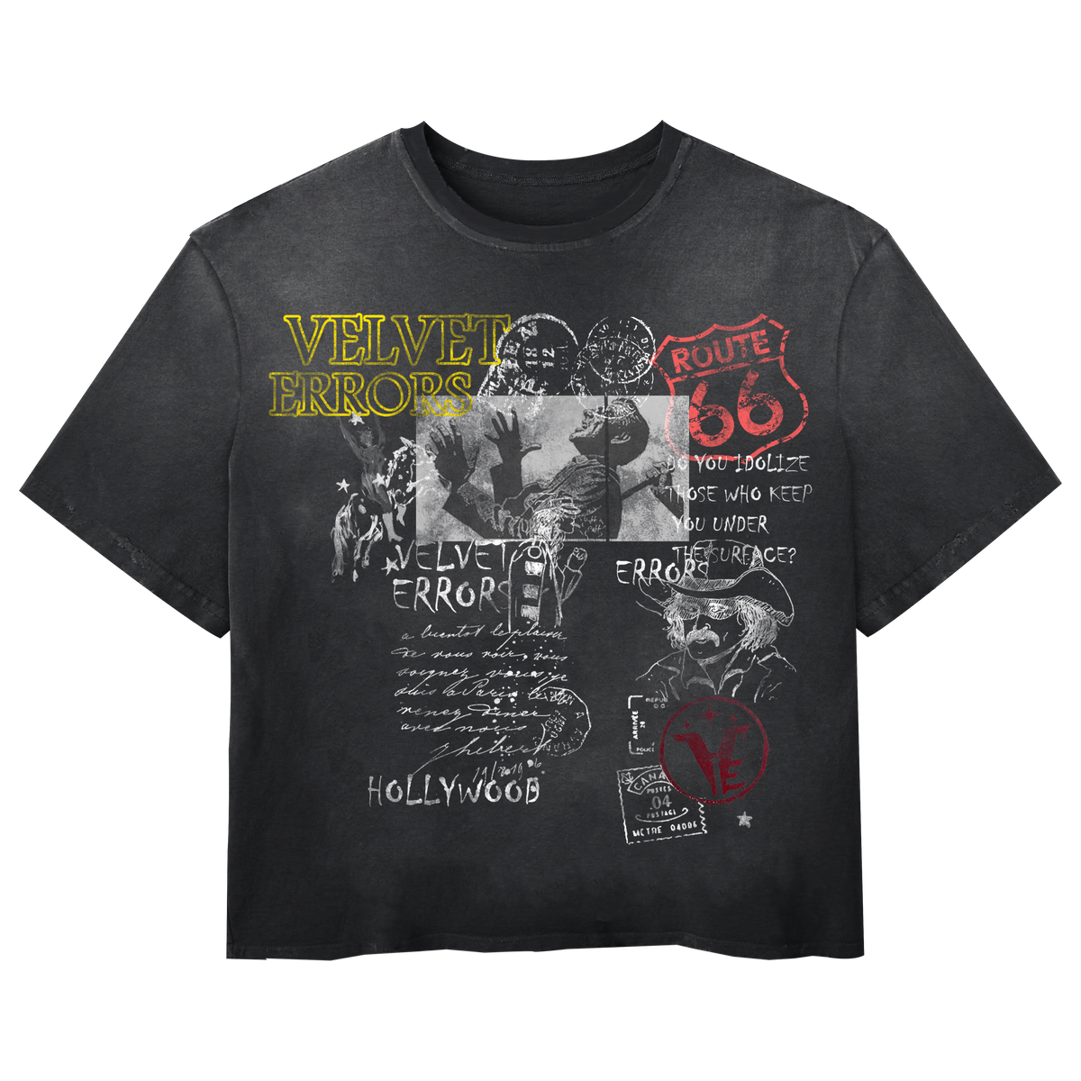 Black Route 66 vintage tee by Velvet Errors featuring a retro Route 66 design on soft cotton fabric.