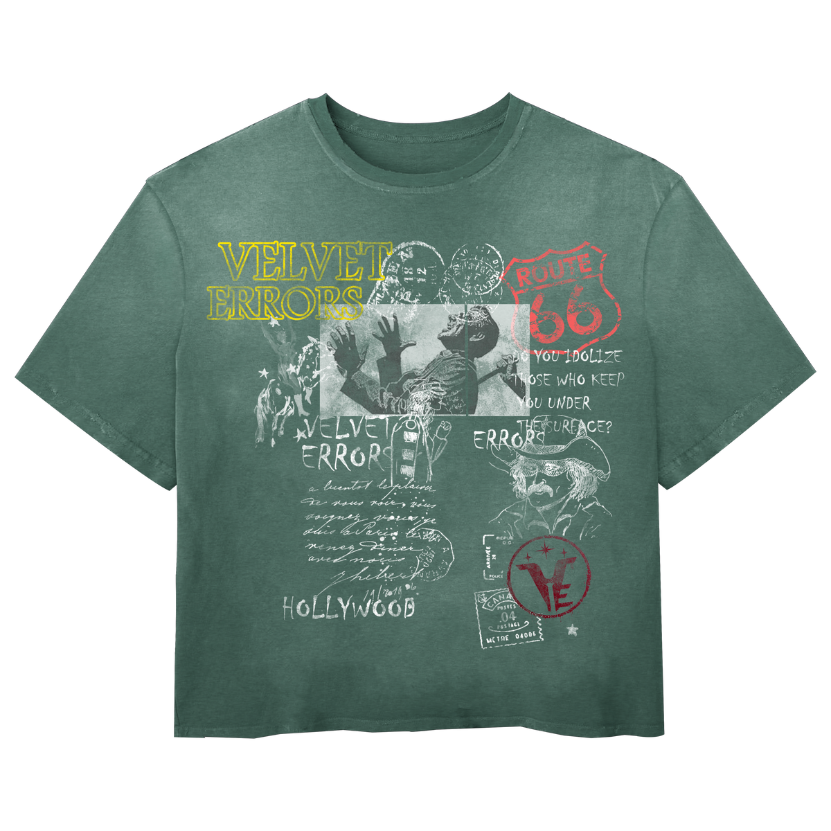 Velvet Errors Route 66 vintage-style green T-shirt featuring classic Route 66 graphic design.