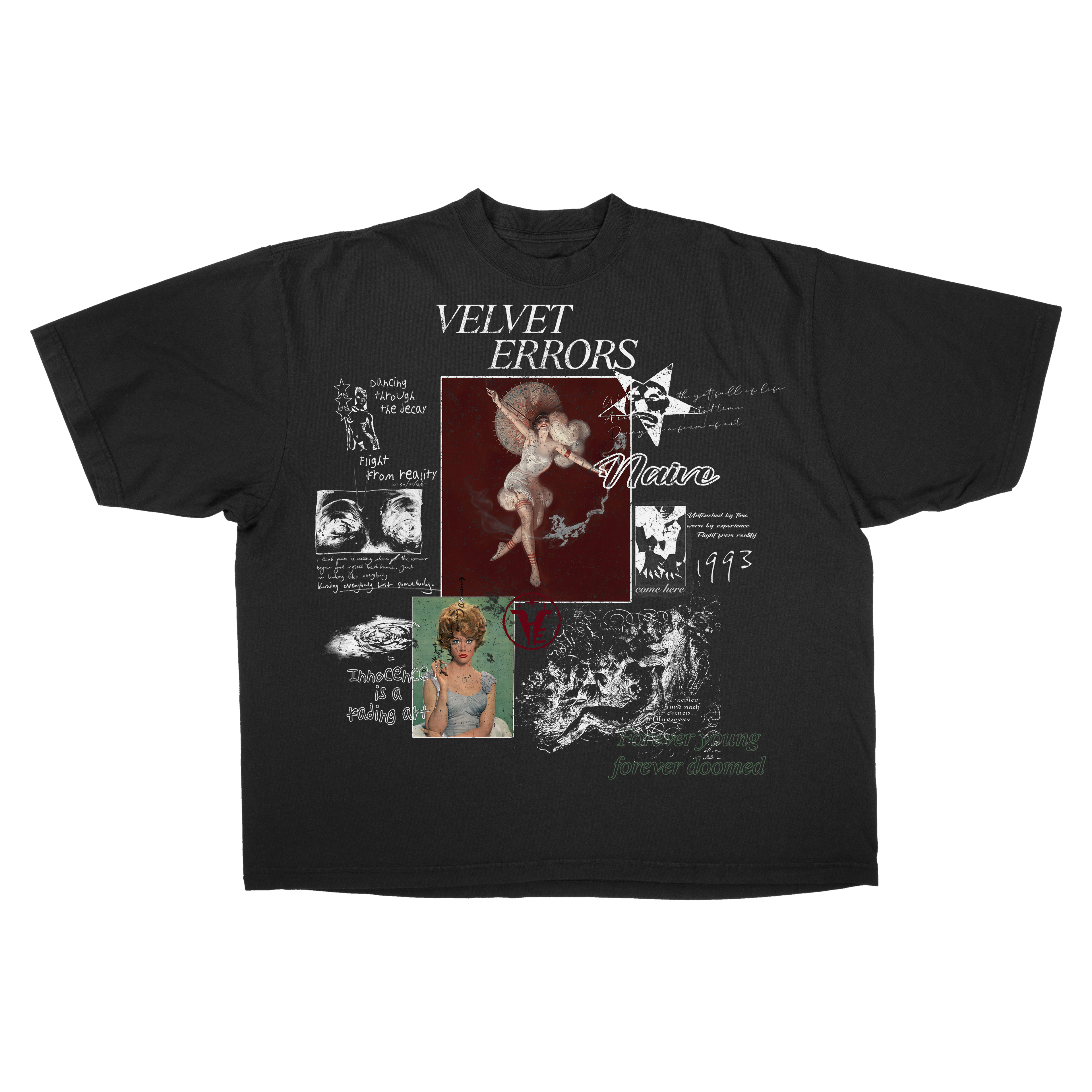 Black Velvet Errors Doomed Youth Drop T-shirt featuring a bold graphic design on the front.