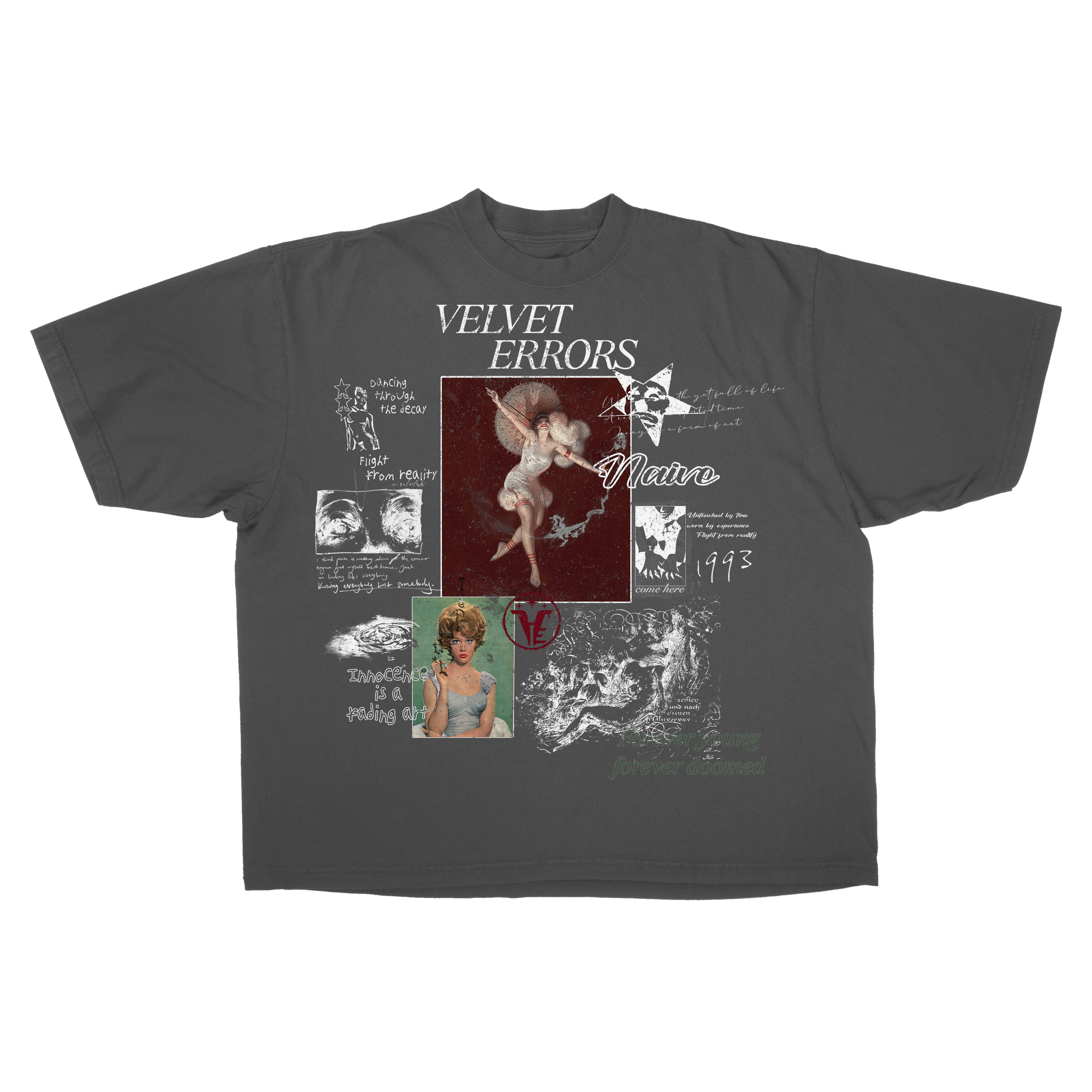 Gray Doomed Youth Drop Tee by Velvet Errors featuring bold black text on a casual crewneck t-shirt.