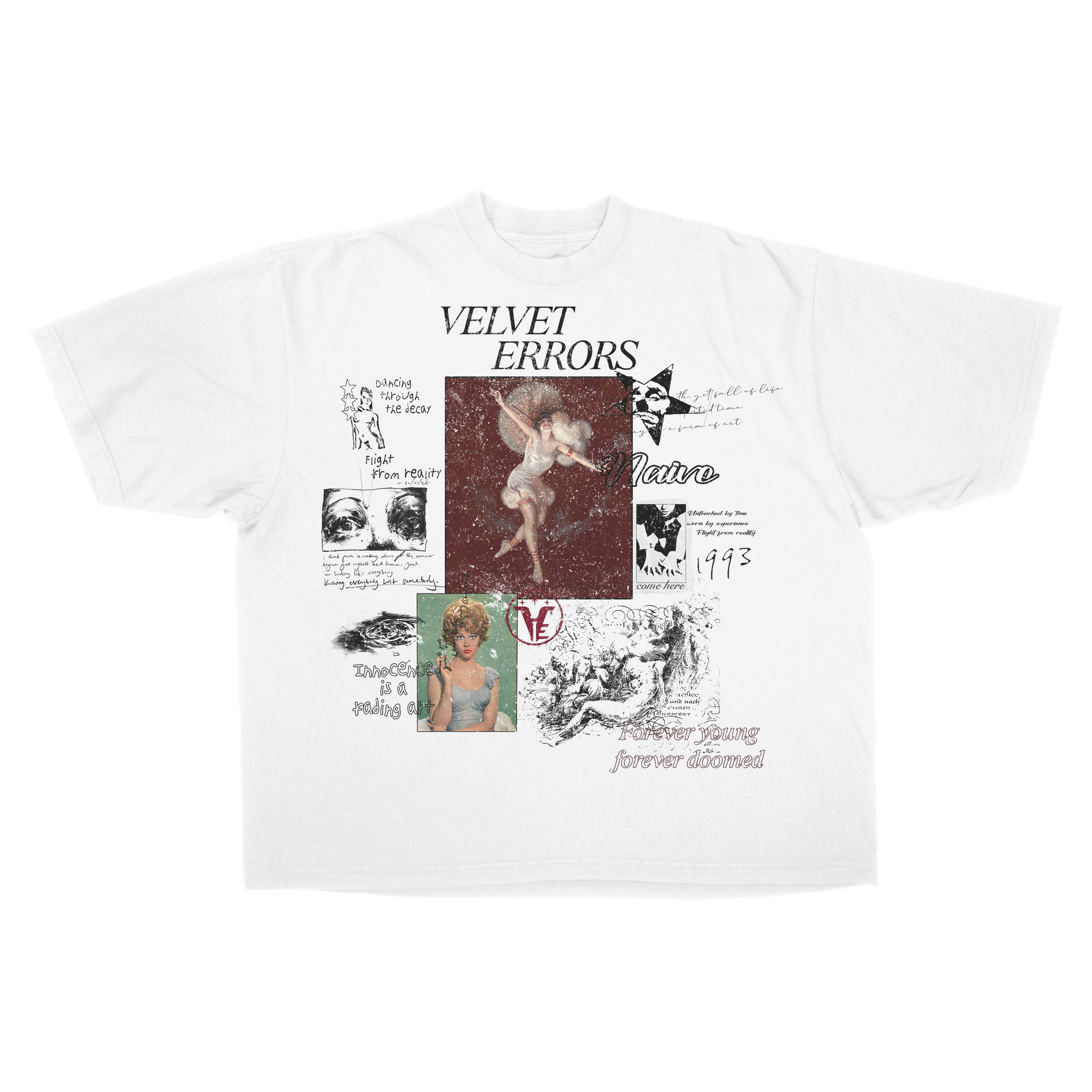 White Doomed Youth Drop T-shirt by Velvet Errors featuring bold graphic design on the front.