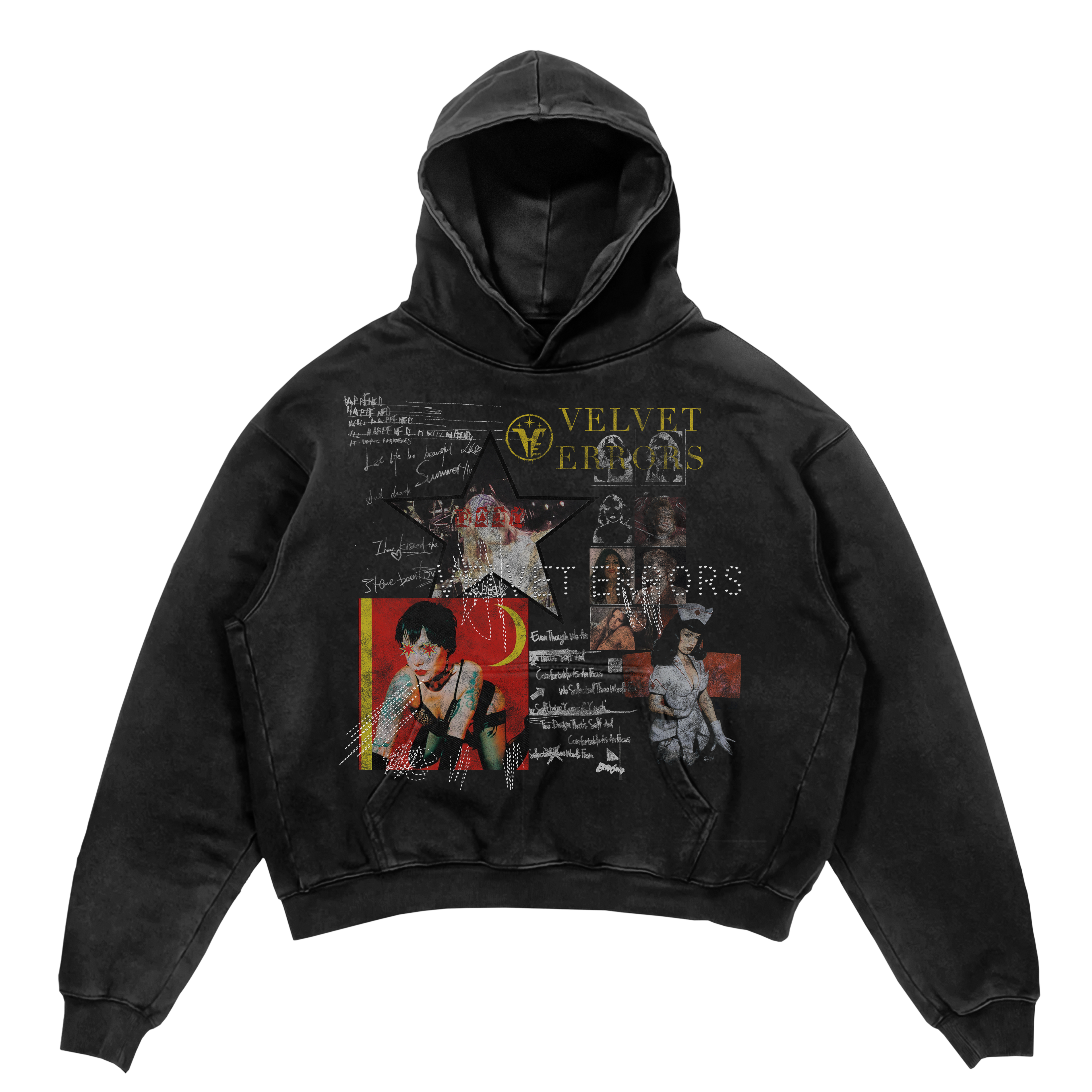 Black hoodie featuring a star-themed design from Velvet Errors' Star Patient Mocks collection.