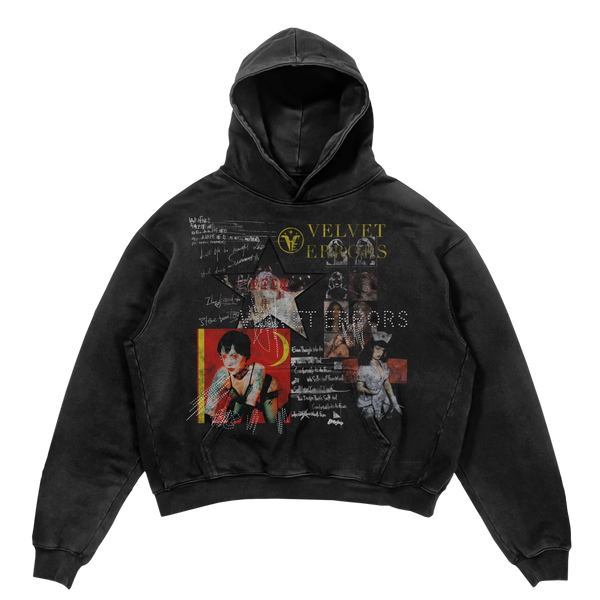 Black hoodie featuring a star-themed graphic design from Velvet Errors' Star Patient Mocks collection.