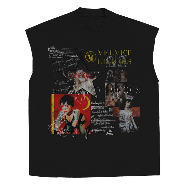 Black sleeveless shirt featuring star designs from Velvet Errors' Star Patient Mocks collection.