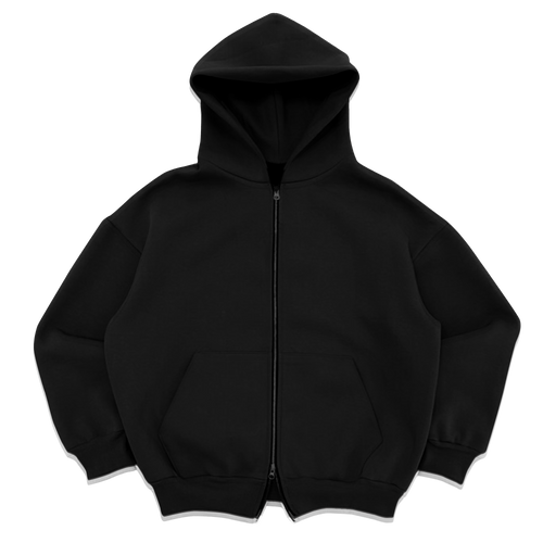 Black blank zip-up hoodie from Velvet Errors, front view showing full zip closure and simple design.