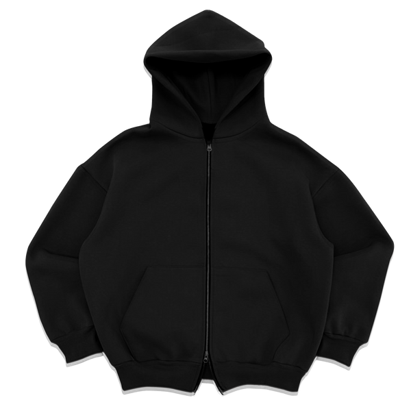 Black blank zip-up hoodie from Velvet Errors, front view showing full zip closure and simple design.