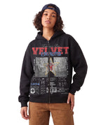 Black Don't Pretend Zip Up hoodie from Velvet Errors, shown with model wearing it in a relaxed pose.