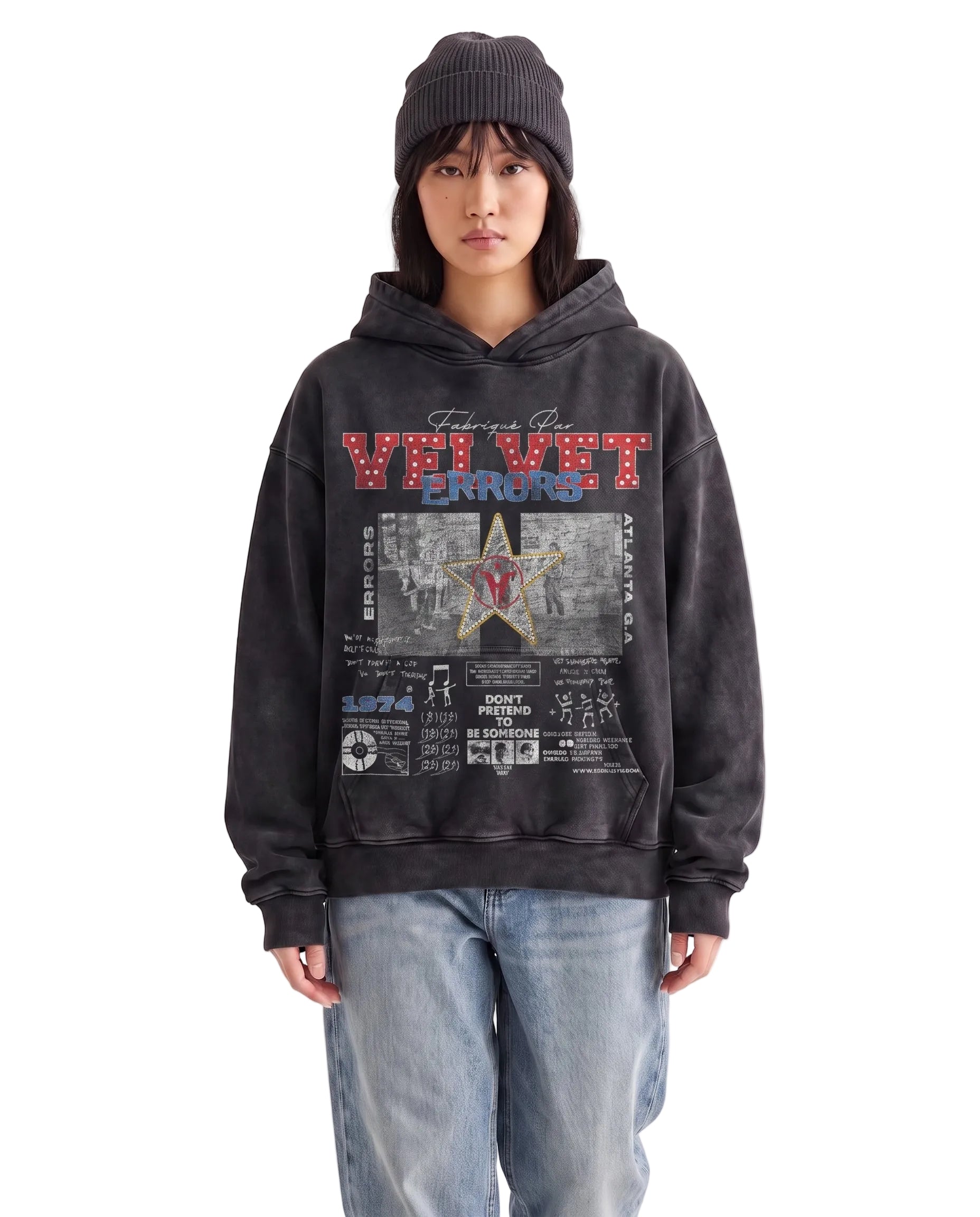 Black "Don't Pretend" hoodie by Velvet Errors shown in a front pose, featuring a relaxed fit and soft fabric.