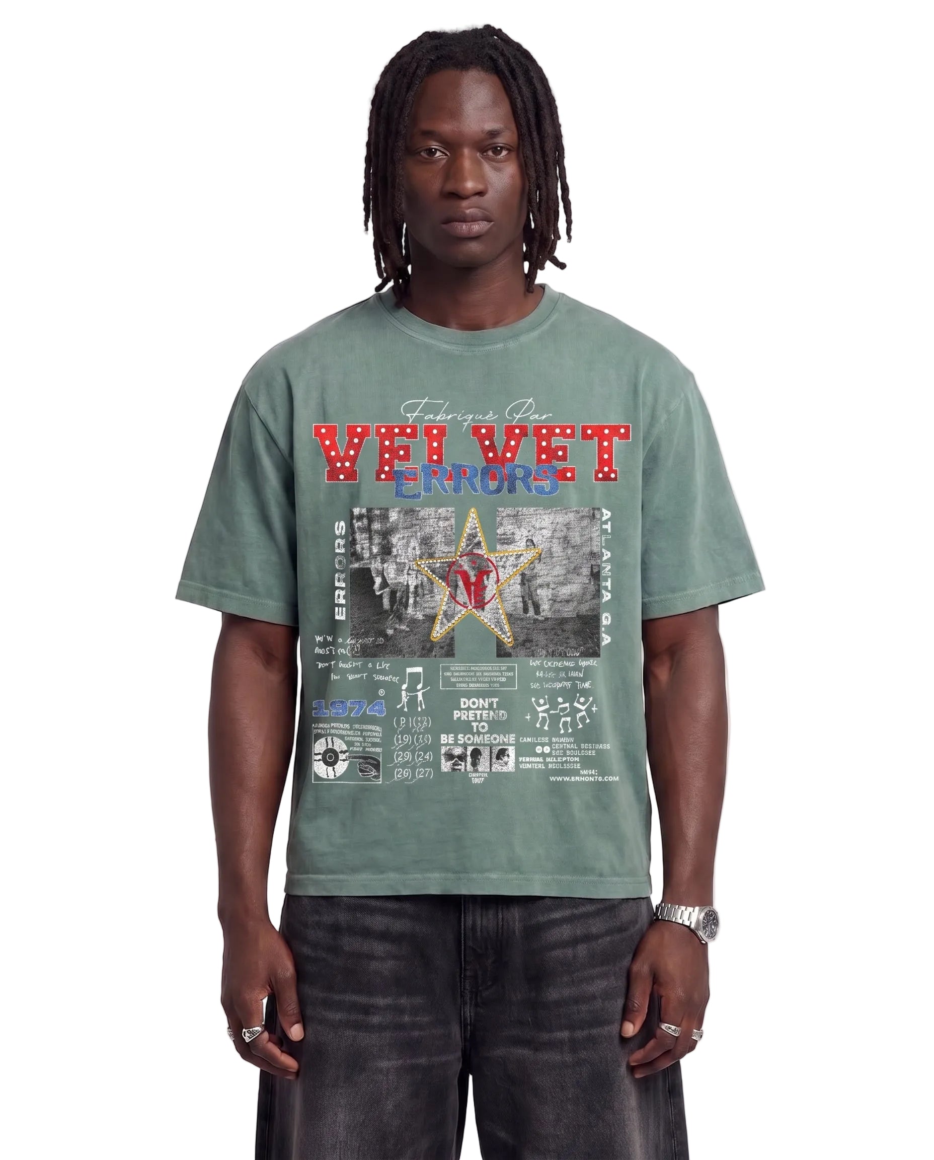 Green Don't Pretend Wash Tee by Velvet Errors displayed on a mannequin against a neutral background.
