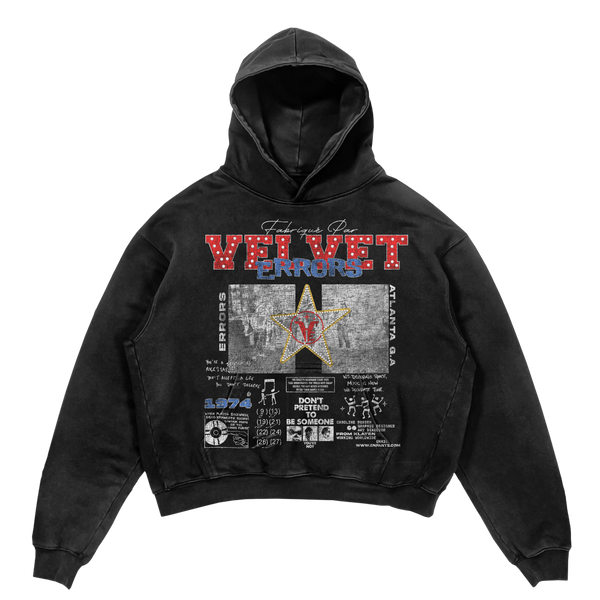 Black "Don't Pretend" hoodie by Velvet Errors featuring bold white text on the front. Comfortable casual streetwear.