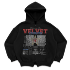 Black zip-up hoodie from Velvet Errors featuring a front zipper and mock design, displayed on a plain background.