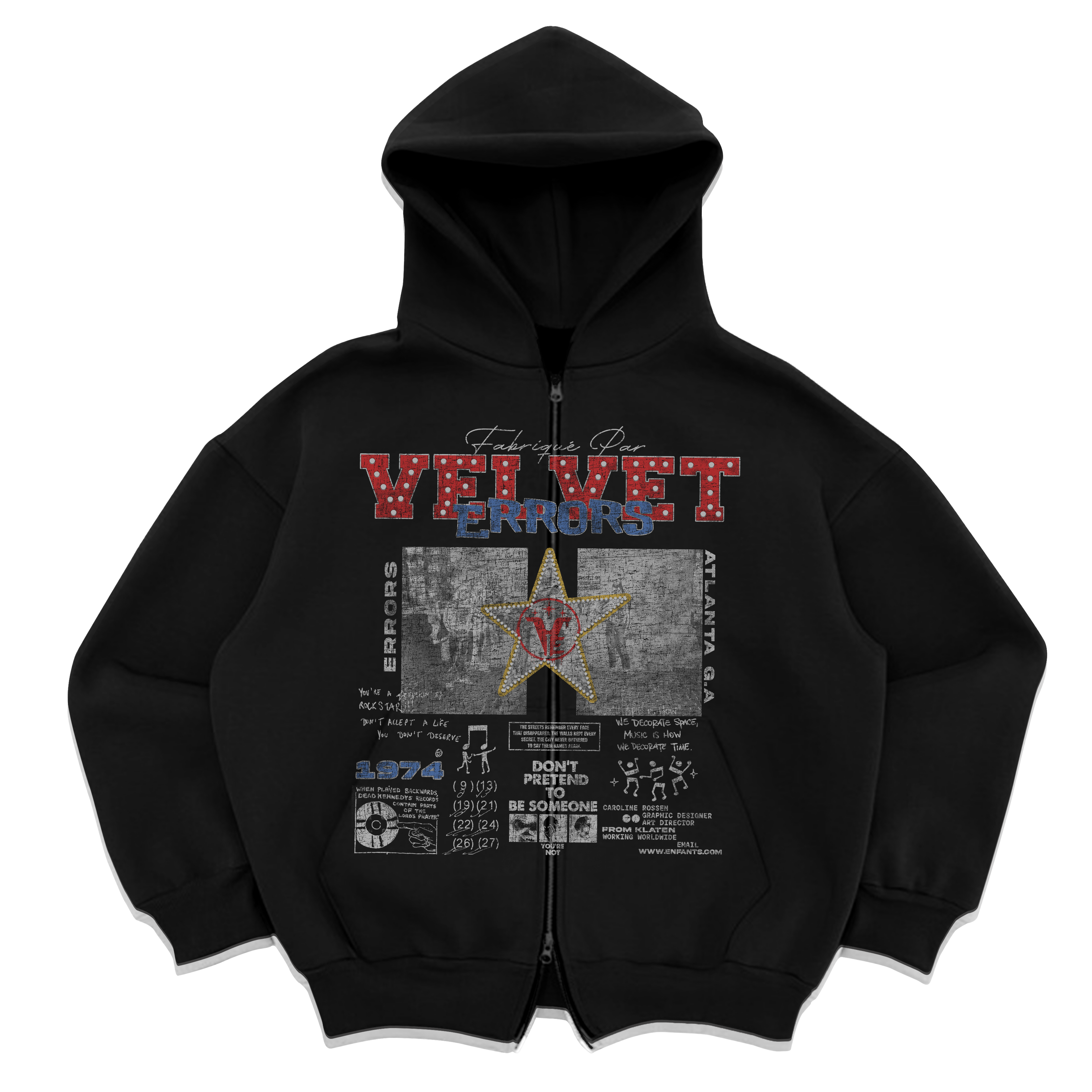 Black zip-up hoodie from Velvet Errors featuring a front zipper and mock design, displayed on a plain background.
