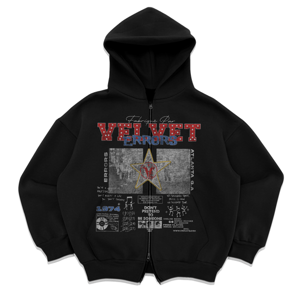 Black zip-up hoodie from Velvet Errors featuring a front zipper and mock design, displayed on a plain background.