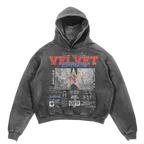 Gray Don't Pretend hoodie by Velvet Errors with a relaxed fit and soft fabric, displayed on a wooden hanger.
