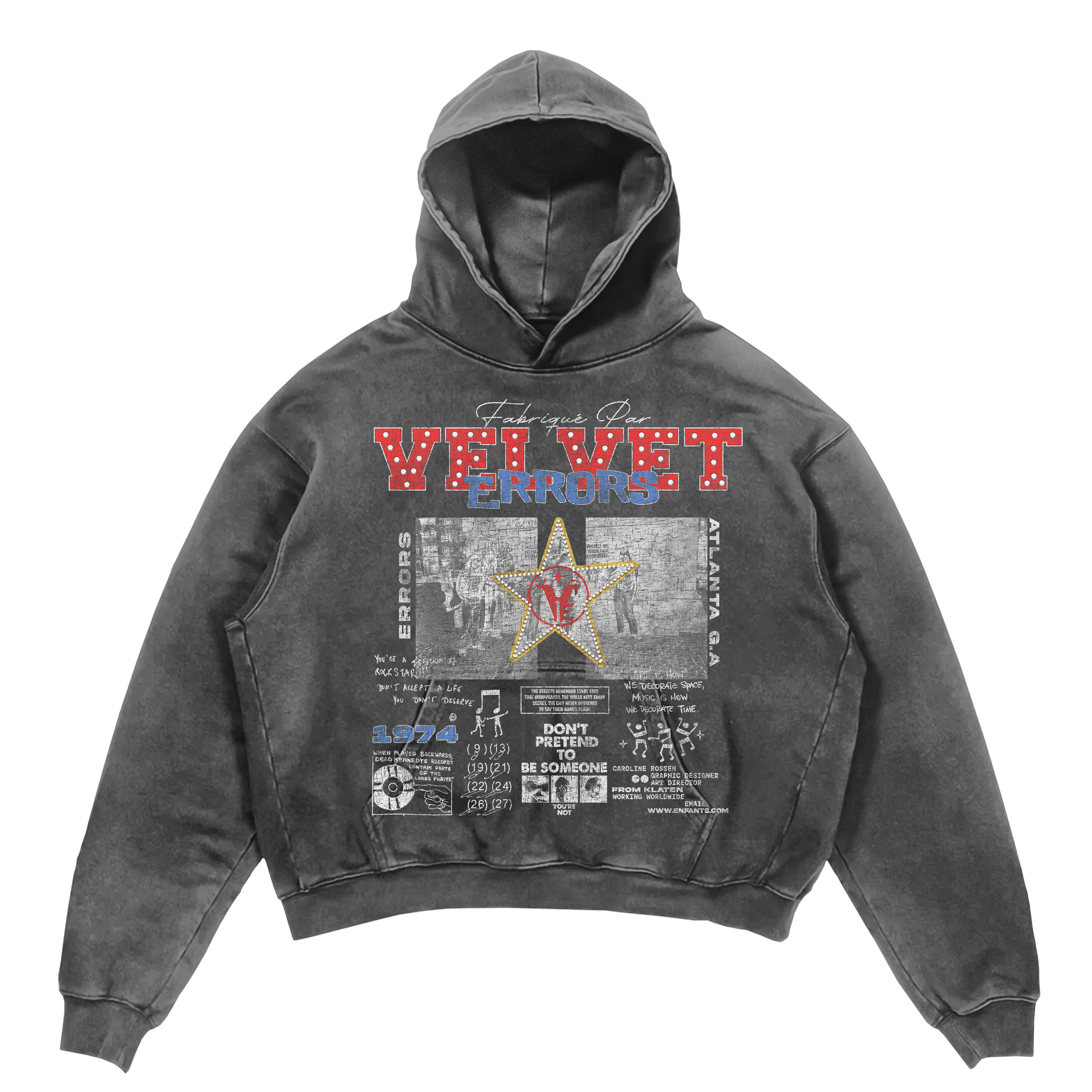Gray Don't Pretend hoodie by Velvet Errors with a relaxed fit and soft fabric, displayed on a wooden hanger.