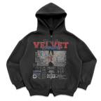 Grey zip-up hoodie by Velvet Errors featuring a front zipper and mock design, displayed in the image.