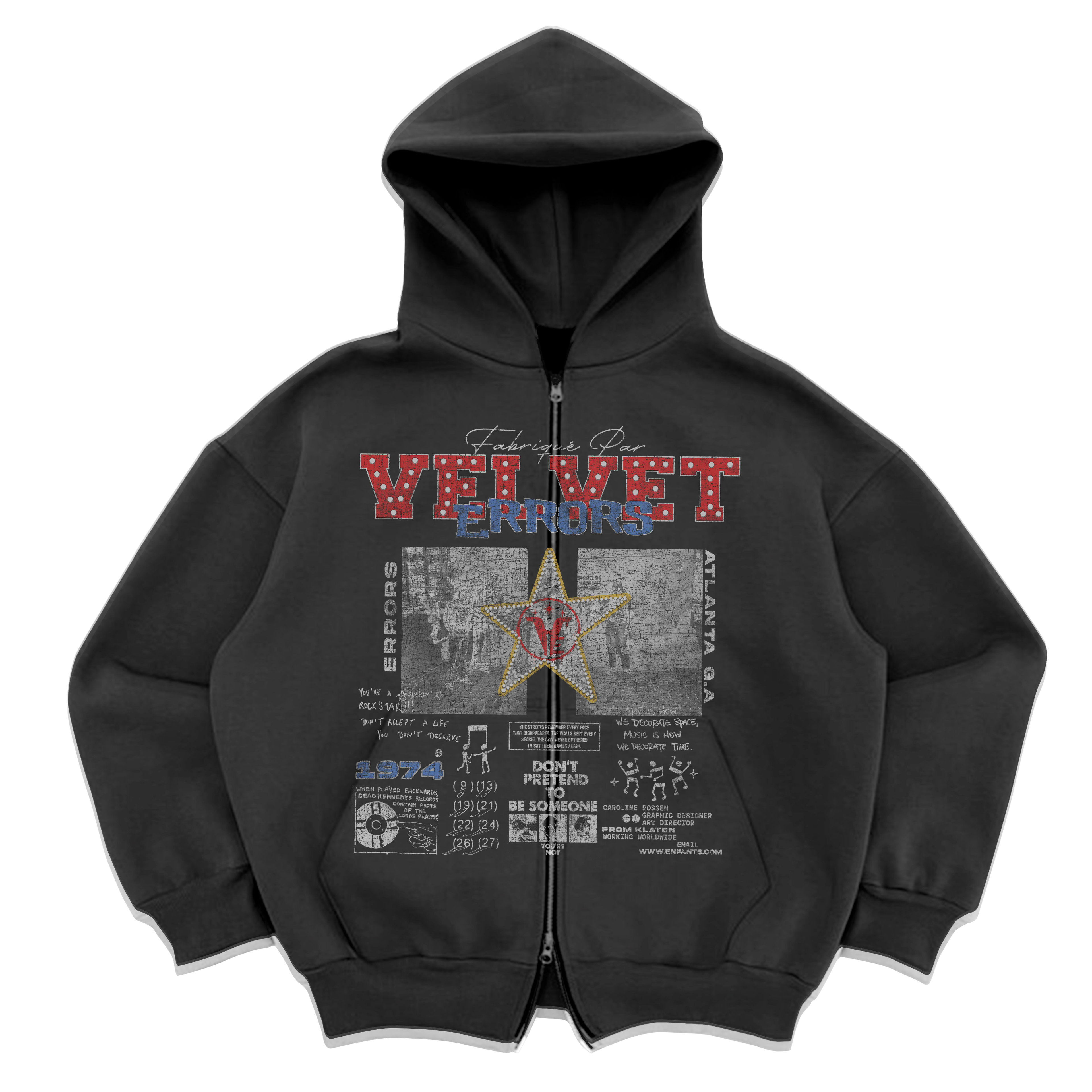 Grey zip-up hoodie by Velvet Errors featuring a front zipper and mock design, displayed in the image.