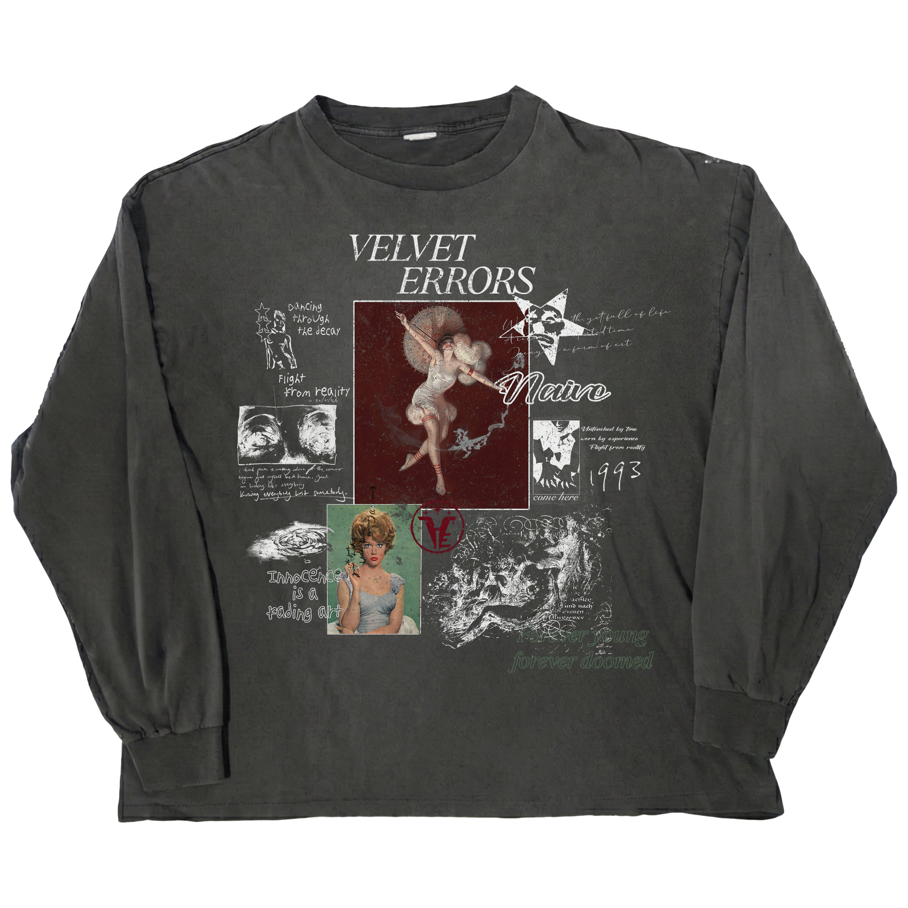 Black long sleeve shirt by Velvet Errors from the Doomed Youth collection, featuring graphic design on the front.