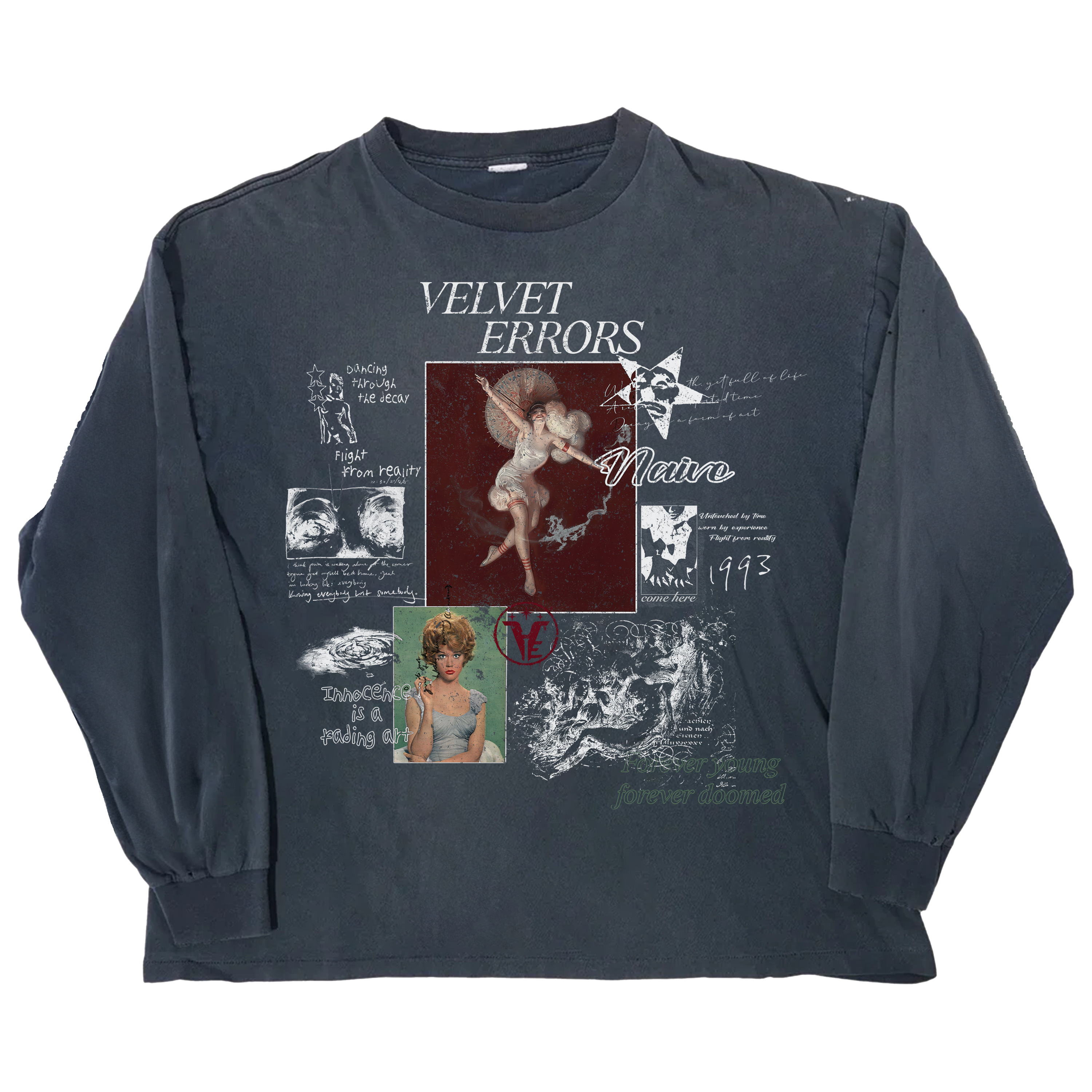 Blue Doomed Youth long sleeve shirt by Velvet Errors, featuring a casual fit and graphic design on the front.