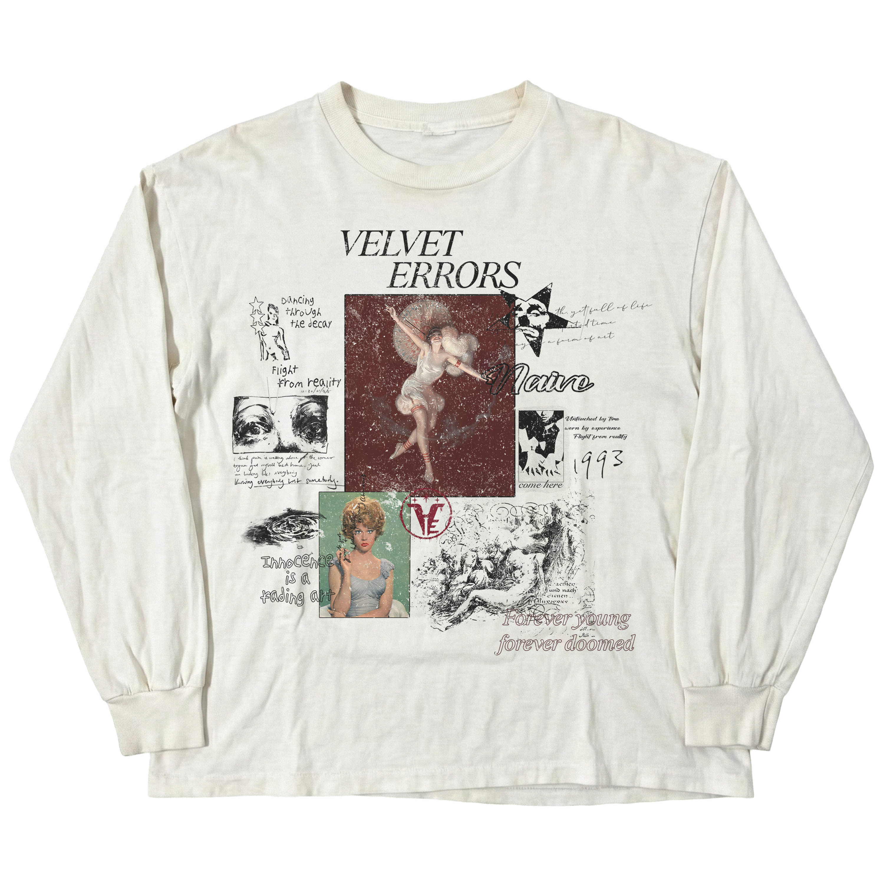 Velvet Errors Doomed Youth long sleeve T-shirt in white with graphic print, comfortable casual clothing for youth.