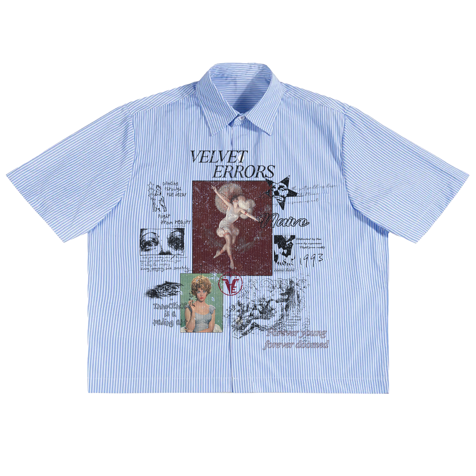 Blue Doomed Youth button-up shirt by Velvet Errors, featuring a stylish collar and button details.
