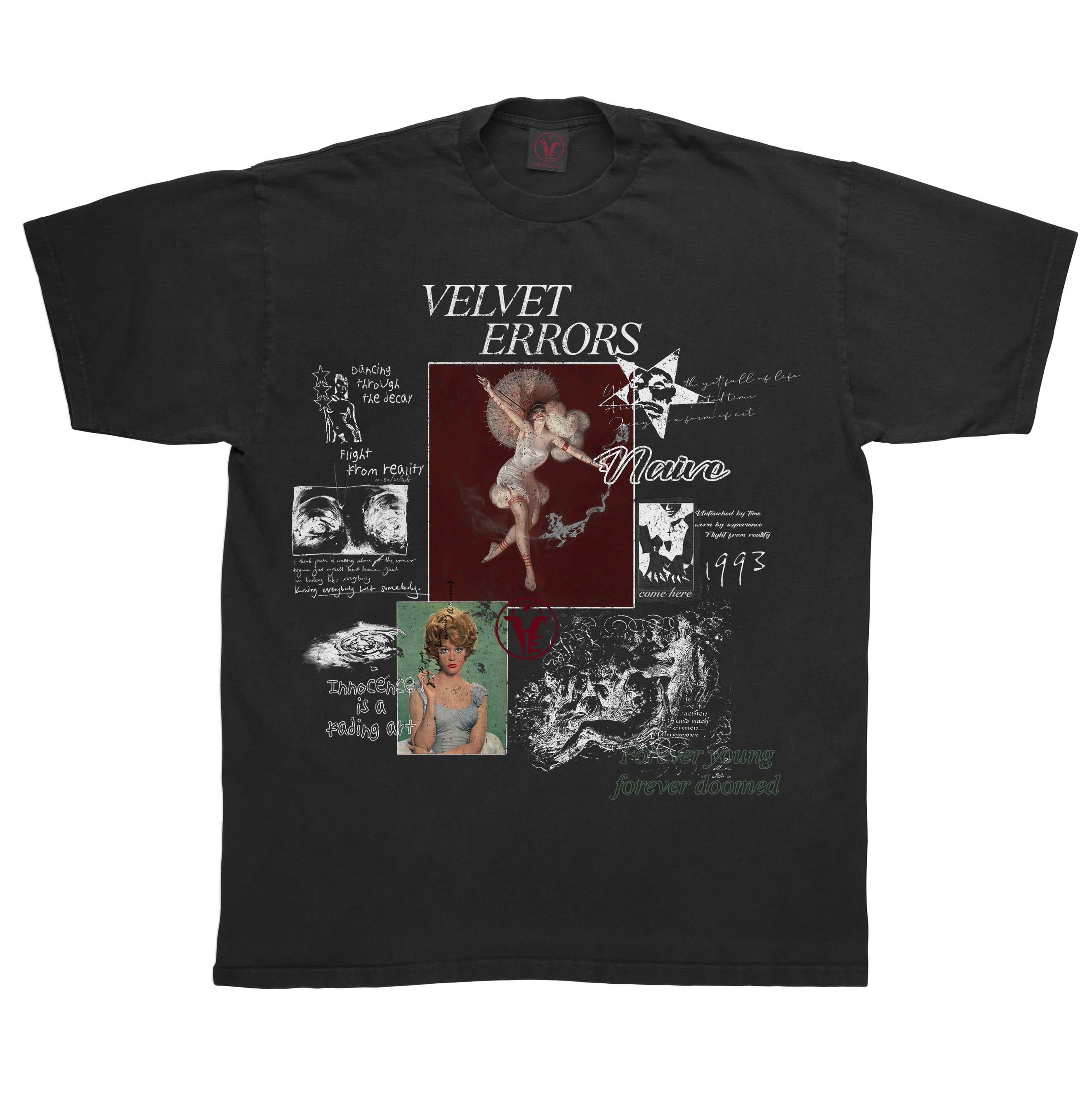 Black Doomed Youth T-shirt by Velvet Errors featuring a classic graphic design on the front.
