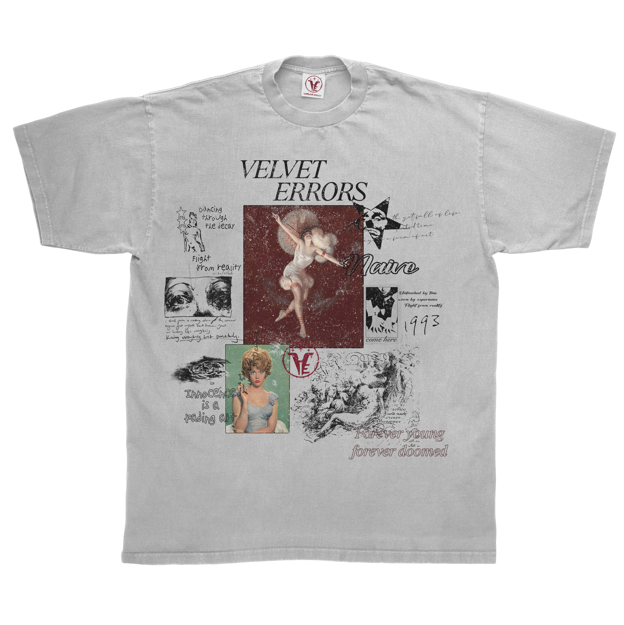 White Doomed Youth T-shirt by Velvet Errors featuring bold black graphic text on the front.