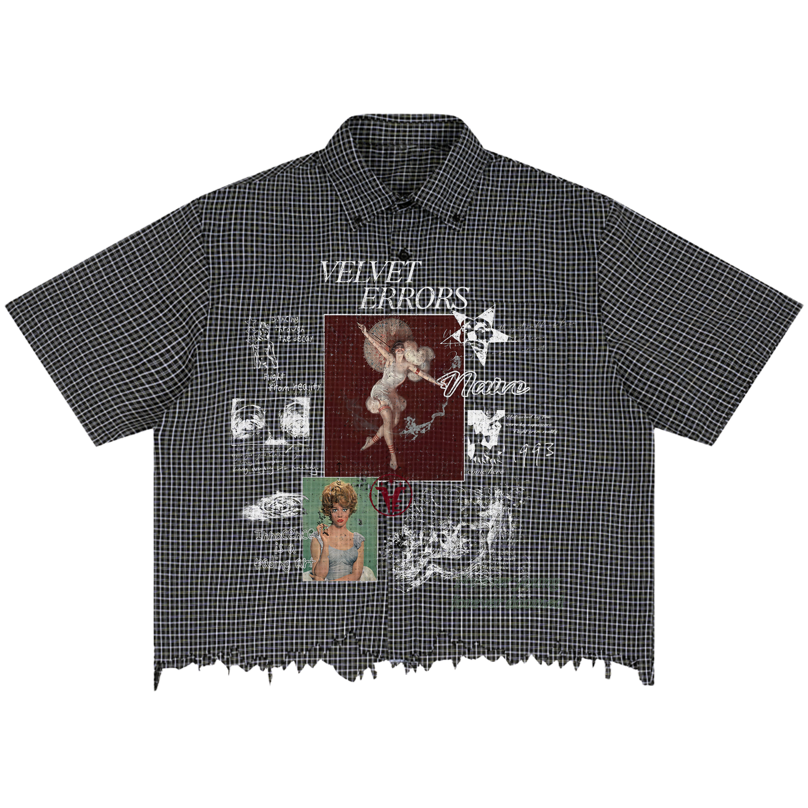 Velvet Errors Doomed Youth distress button-up shirt featuring a faded graphic design and a relaxed fit.