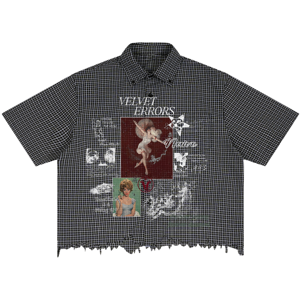 Velvet Errors Doomed Youth distress button-up shirt featuring a faded graphic design and a relaxed fit.