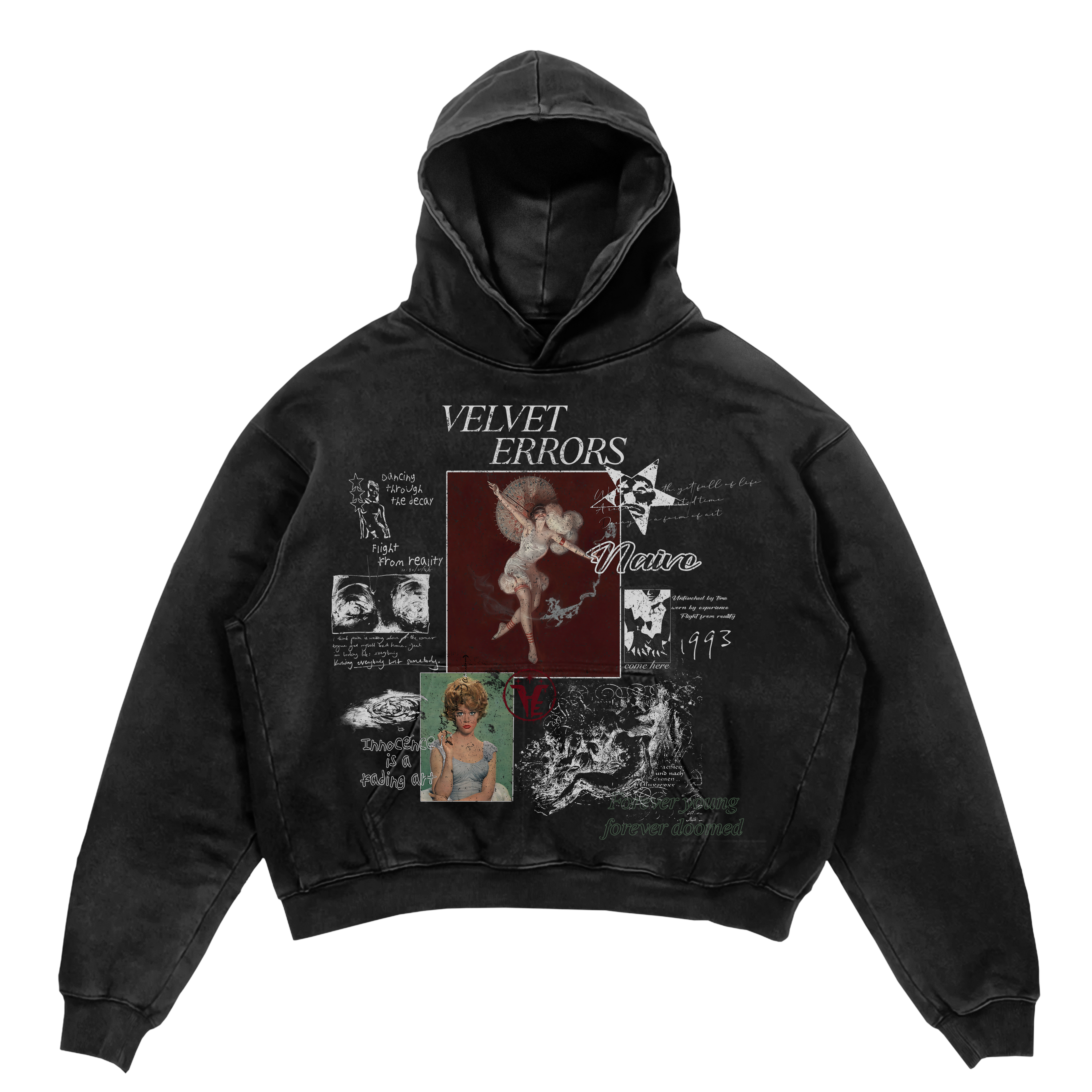 Black Doomed Youth hoodie by Velvet Errors, showing front view with graphic design and soft fabric texture.