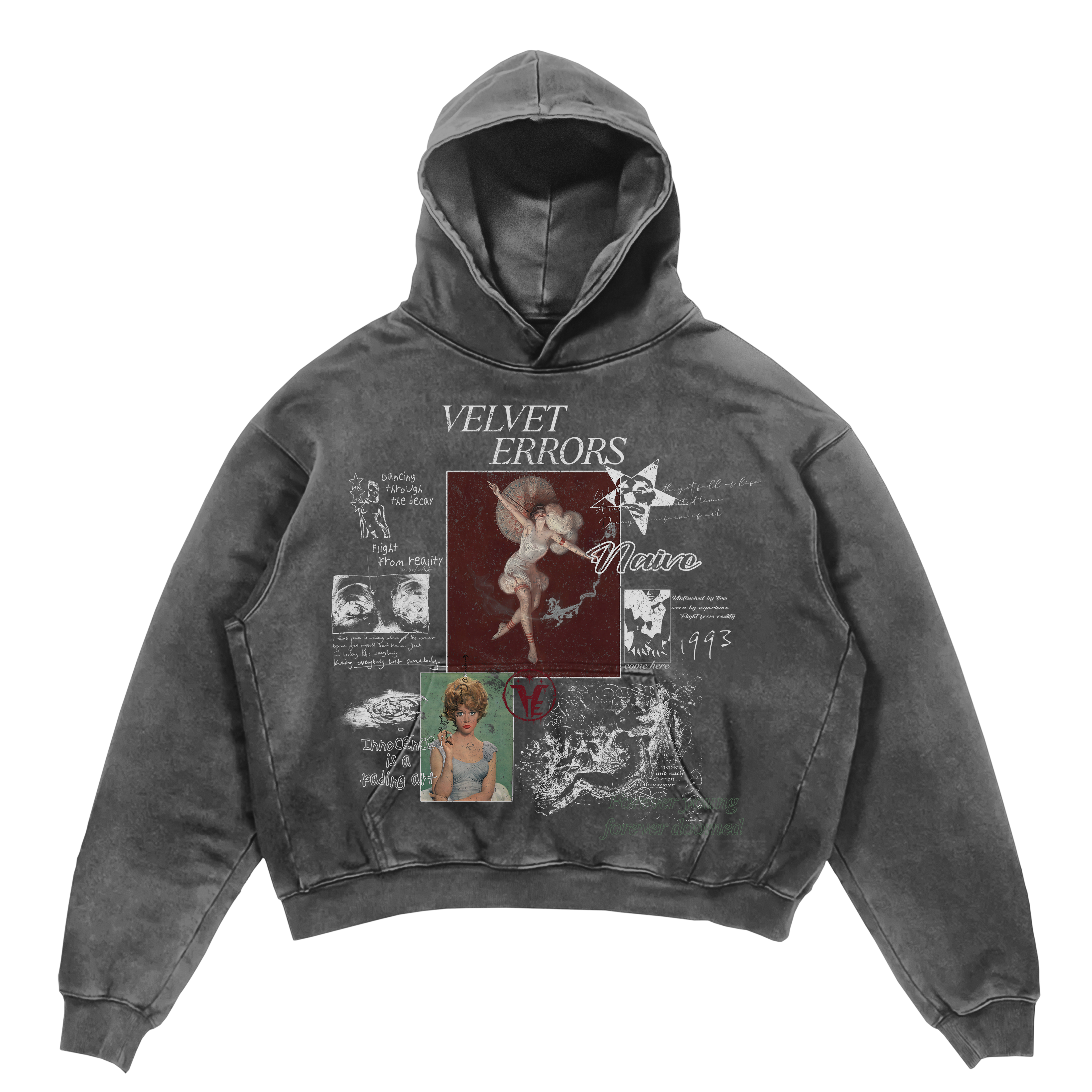 Gray Doomed Youth hoodie by Velvet Errors featuring a casual fit, soft fabric, and graphic print on the front.