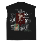 Black Doomed Youth sleeveless T-shirt by Velvet Errors featuring bold graphic design and casual fit.