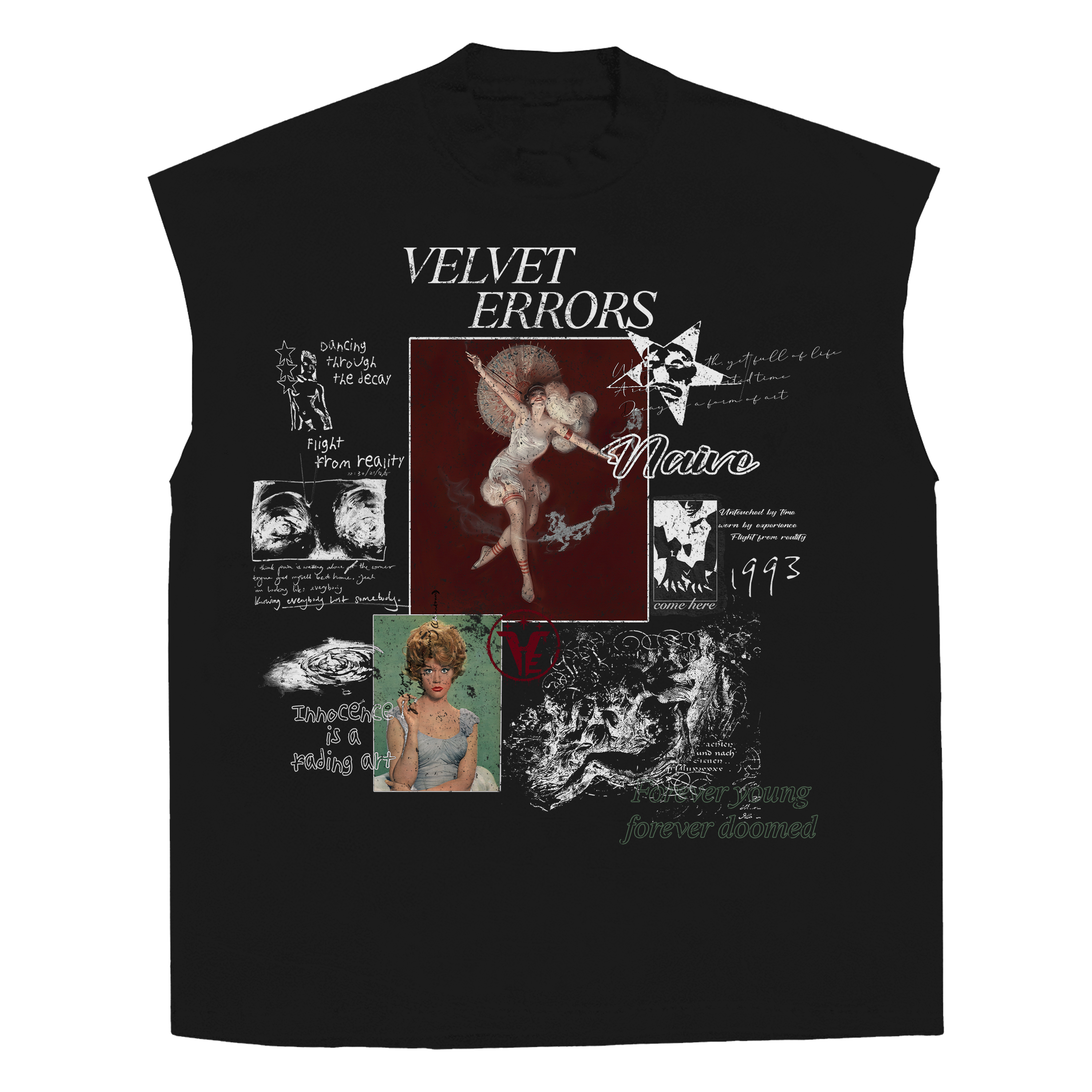 Black Doomed Youth sleeveless T-shirt by Velvet Errors featuring bold graphic design and casual fit.
