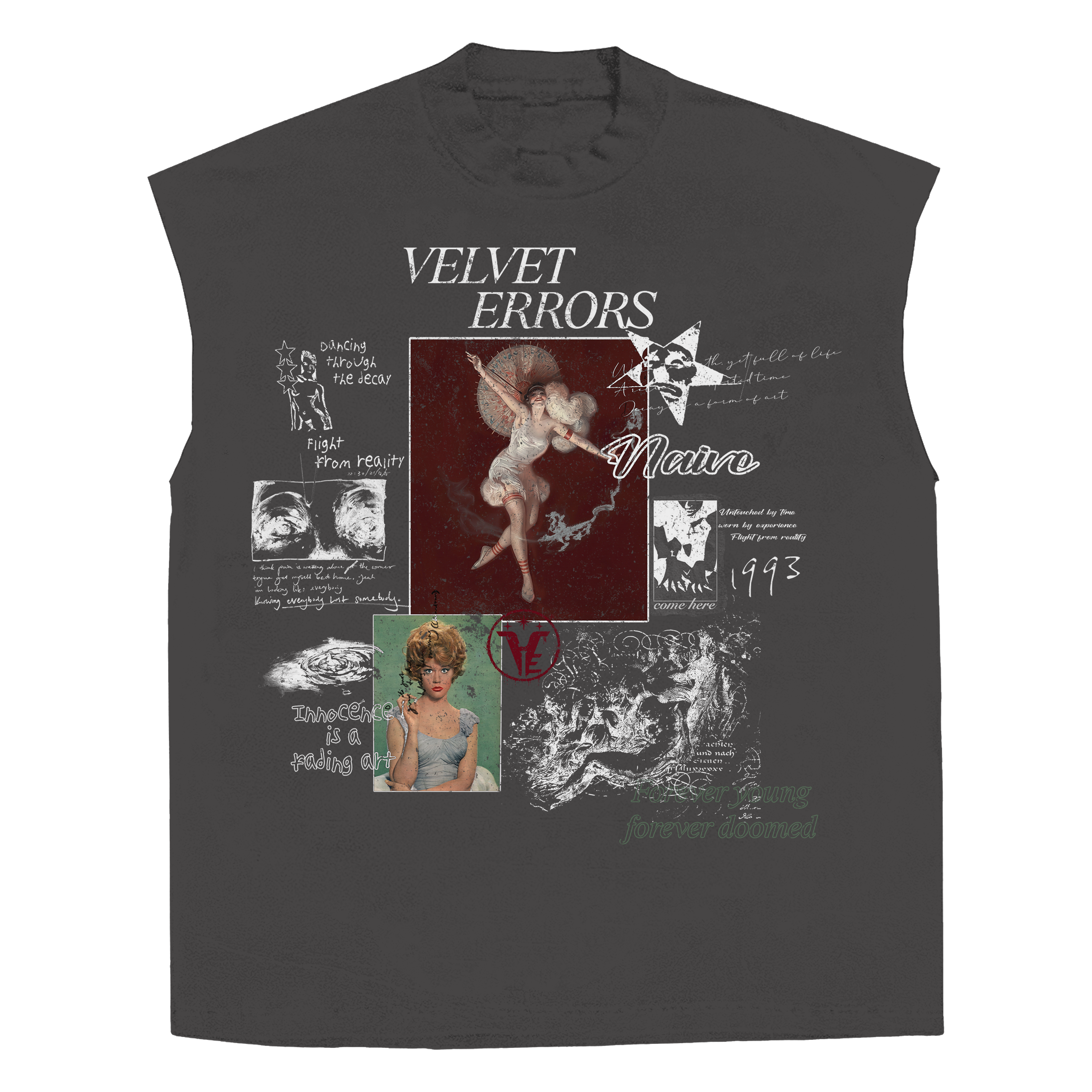 Gray sleeveless T-shirt from Velvet Errors' Doomed Youth collection, featuring a casual fit and graphic design.