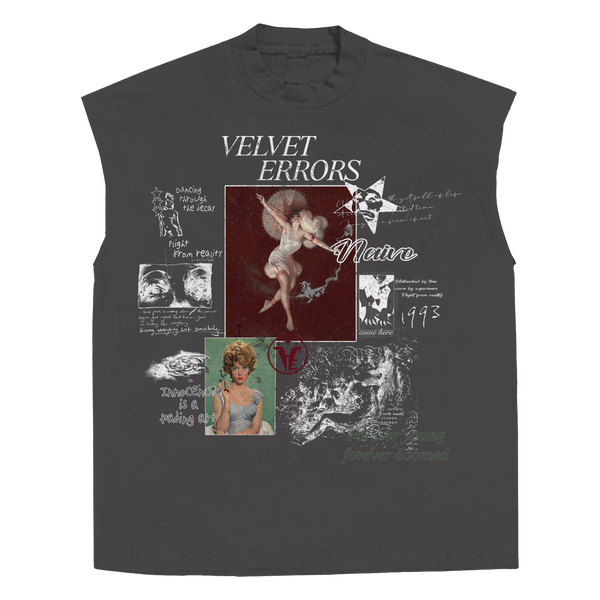 Gray sleeveless T-shirt from Velvet Errors' Doomed Youth collection, featuring a casual fit and graphic design.